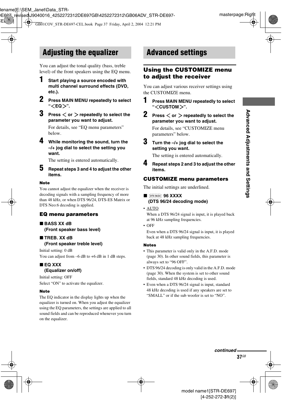 Adjusting the equalizer, Advanced settings, Adjusting the equalizer advanced settings | Sony STR-DE697 User Manual | Page 37 / 56