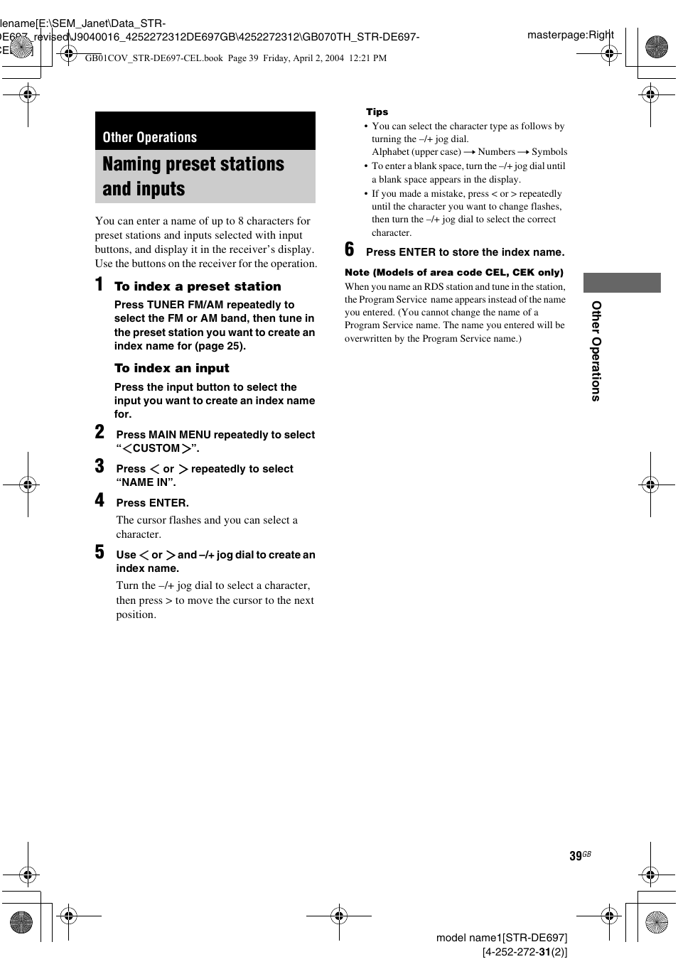 Other operations, Naming preset stations and inputs | Sony STR-DE697 User Manual | Page 39 / 56