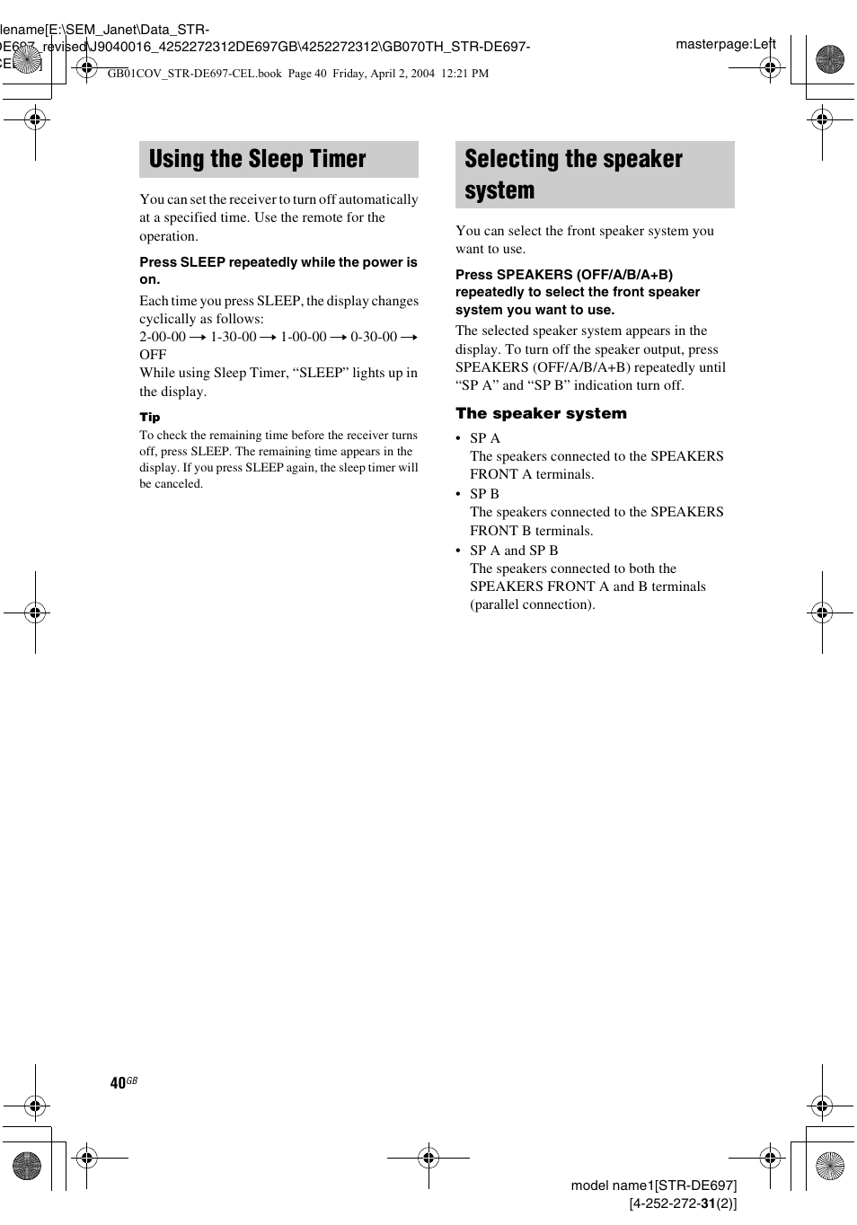 Using the sleep timer, Selecting the speaker system, Using the sleep timer selecting the speaker system | Sony STR-DE697 User Manual | Page 40 / 56