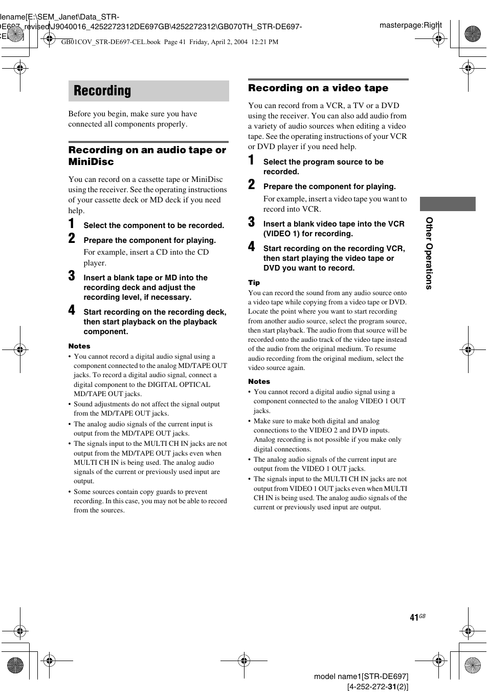 Recording | Sony STR-DE697 User Manual | Page 41 / 56