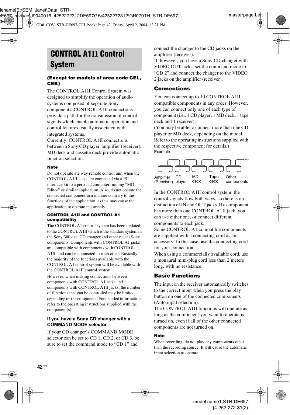 Control a1ii control system, Except for models of area code cel, cek) | Sony STR-DE697 User Manual | Page 42 / 56