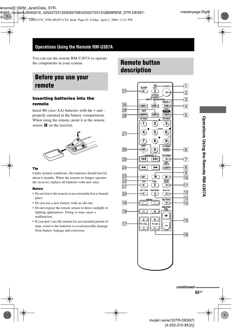 Operations using the remote rm-u307a, Before you use your remote, Remote button description | Op er ati ons u s ing the r e mo te r m -u 307 a, Inserting batteries into the remote | Sony STR-DE697 User Manual | Page 43 / 56