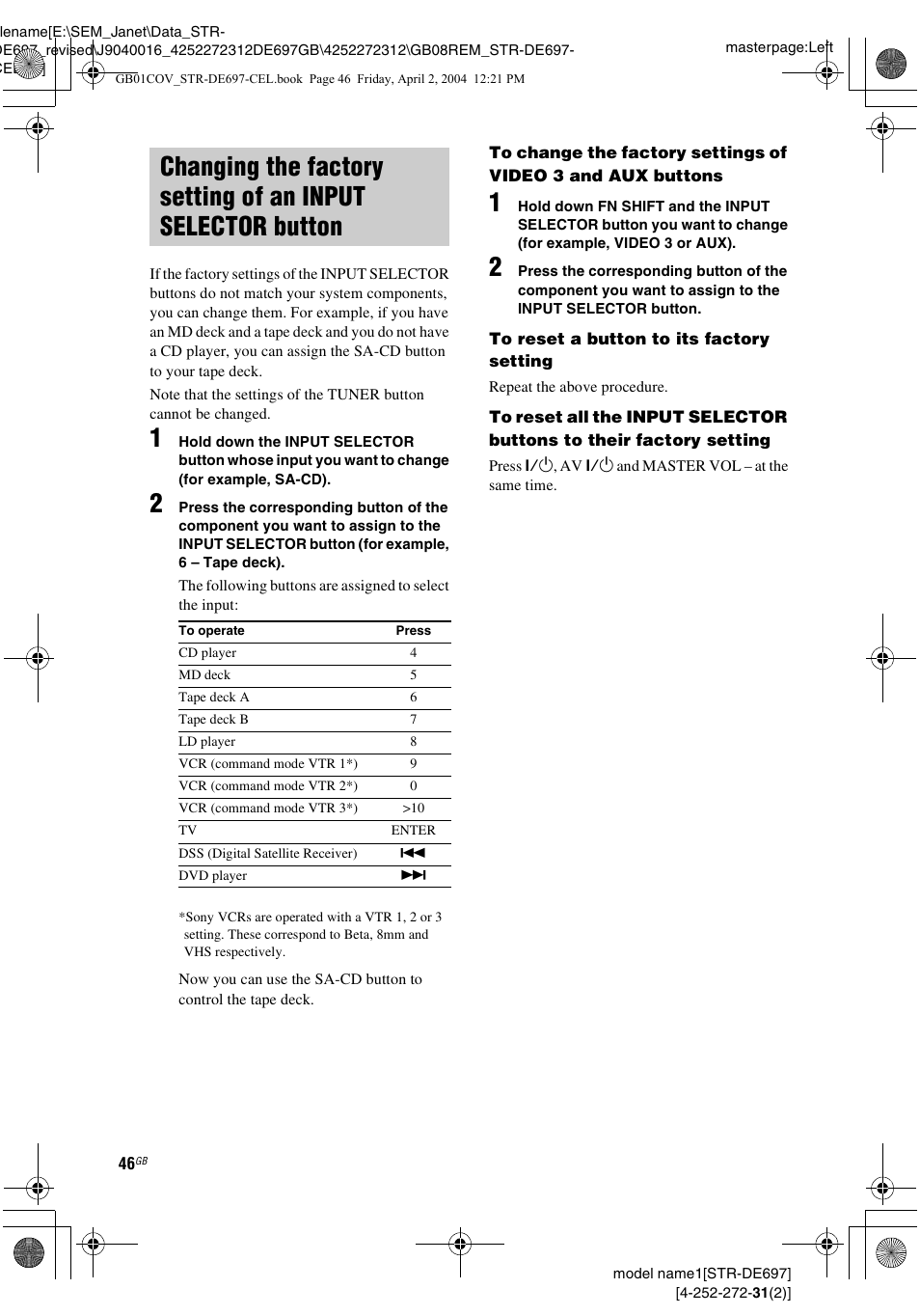 Changing the factory setting of an, Input selector button | Sony STR-DE697 User Manual | Page 46 / 56