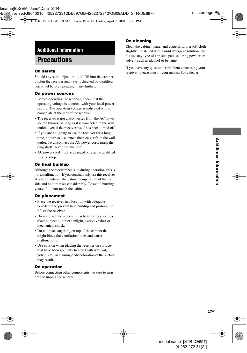 Additional information, Precautions | Sony STR-DE697 User Manual | Page 47 / 56