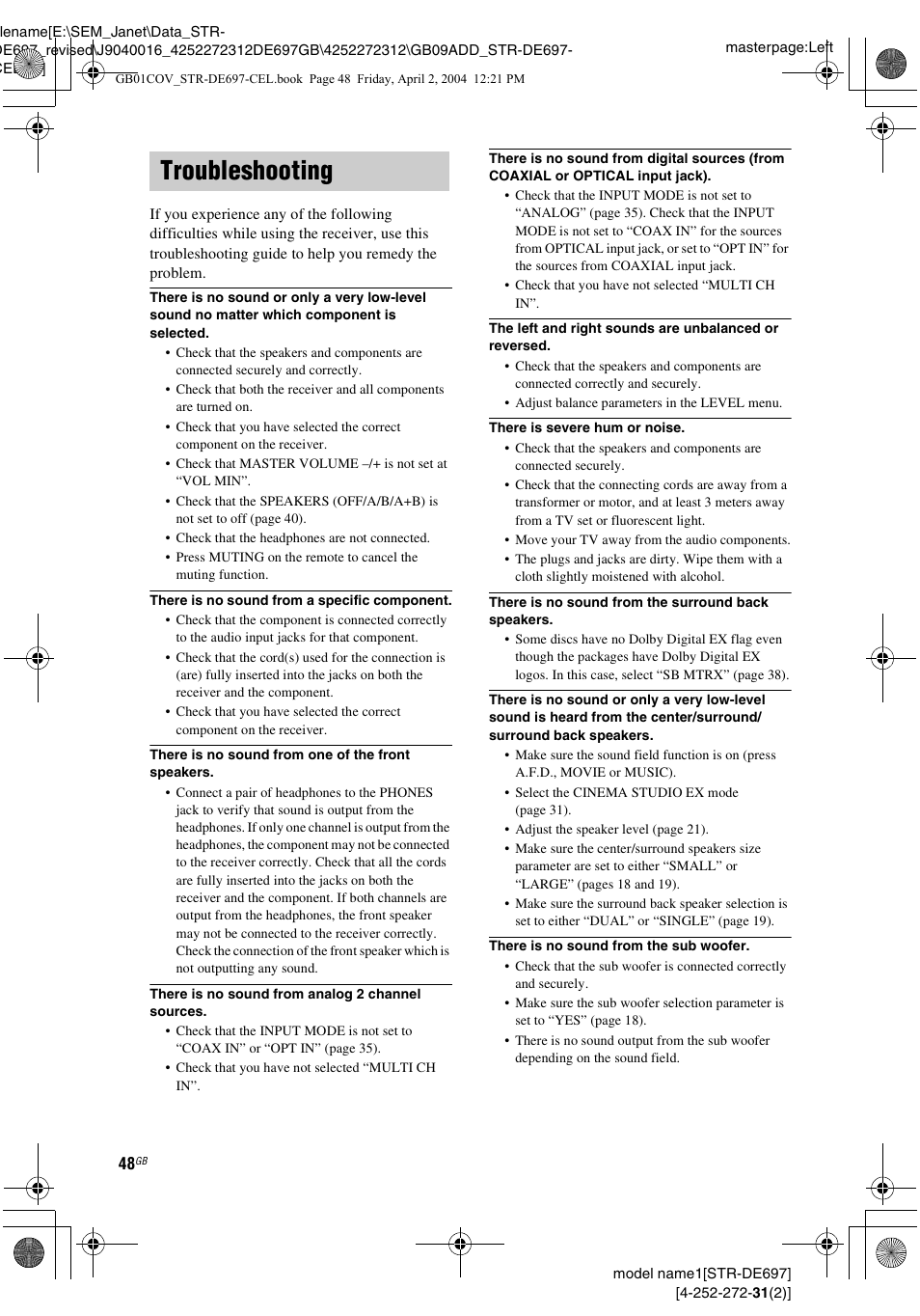 Troubleshooting | Sony STR-DE697 User Manual | Page 48 / 56