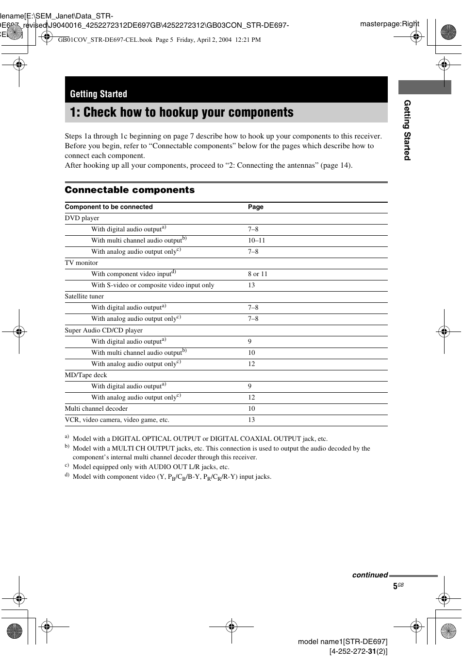 Getting started, Check how to hookup your components, Check how to hookup your | Components, Connectable components | Sony STR-DE697 User Manual | Page 5 / 56