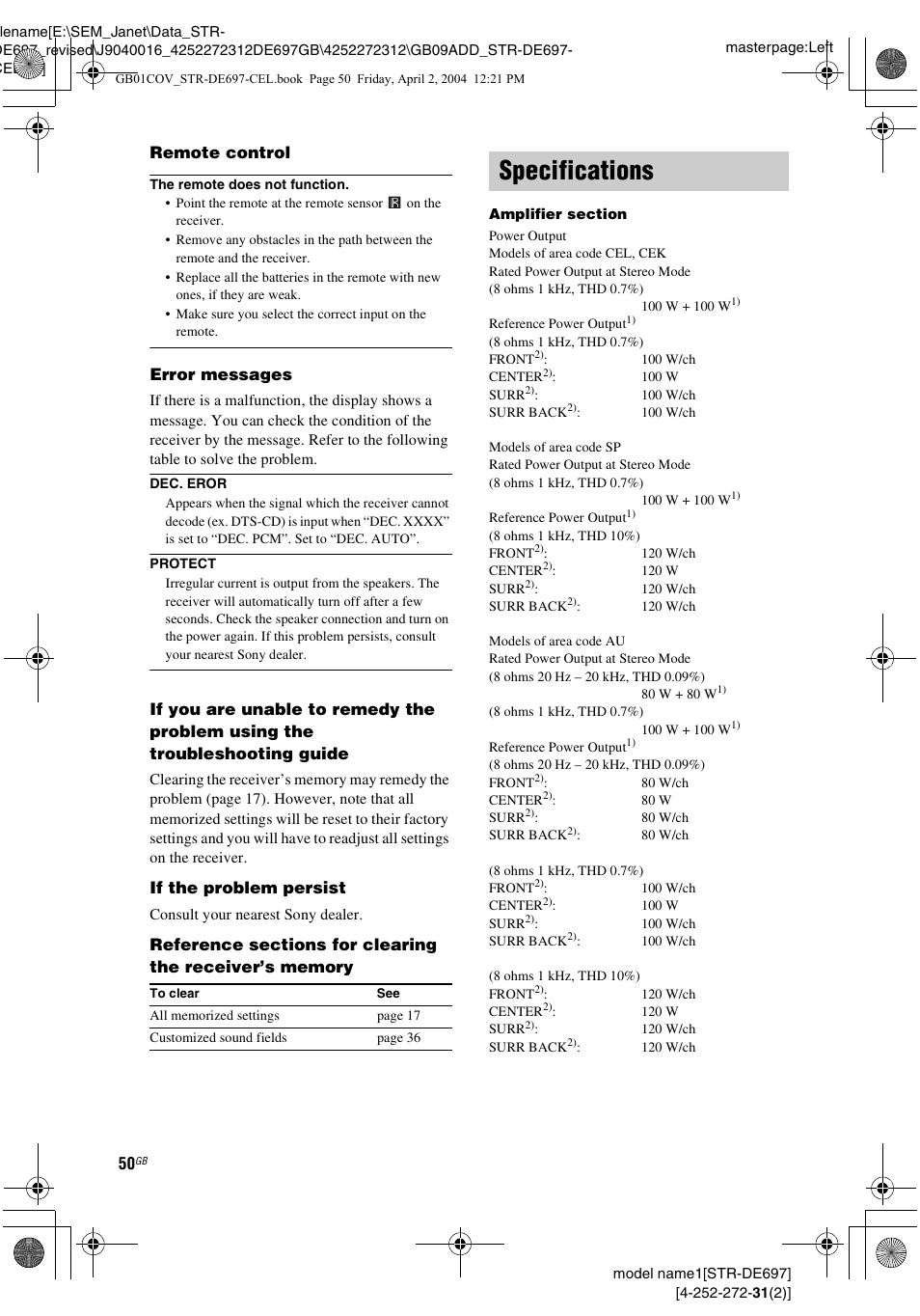 Specifications | Sony STR-DE697 User Manual | Page 50 / 56