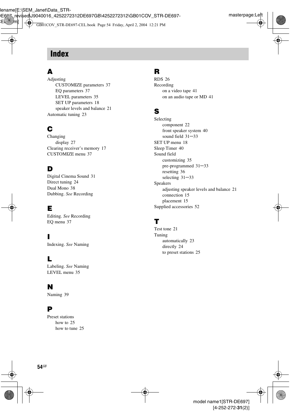 Index | Sony STR-DE697 User Manual | Page 54 / 56