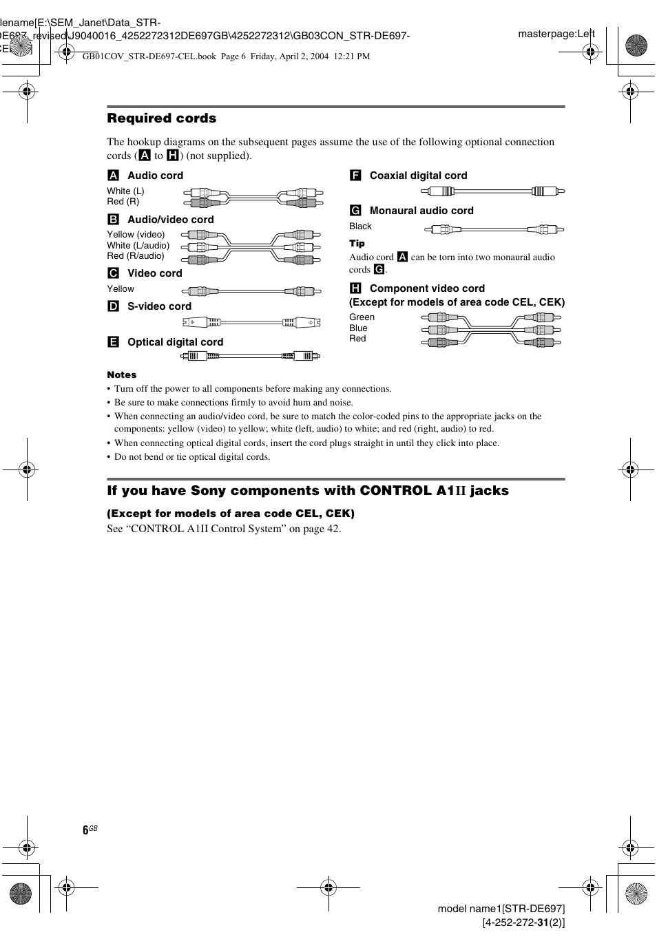 Required cords | Sony STR-DE697 User Manual | Page 6 / 56