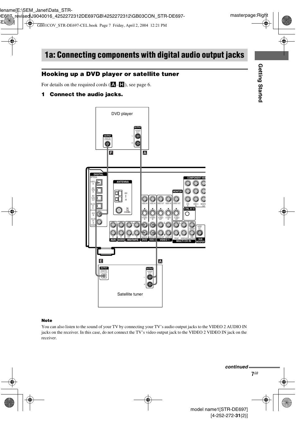 1a: connecting components with, Digital audio output jacks, Hooking up a dvd player or satellite tuner | Gettin g star ted, 1connect the audio jacks, For details on the required cords ( a, H), see page 6, Continued, Satellite tuner dvd player | Sony STR-DE697 User Manual | Page 7 / 56