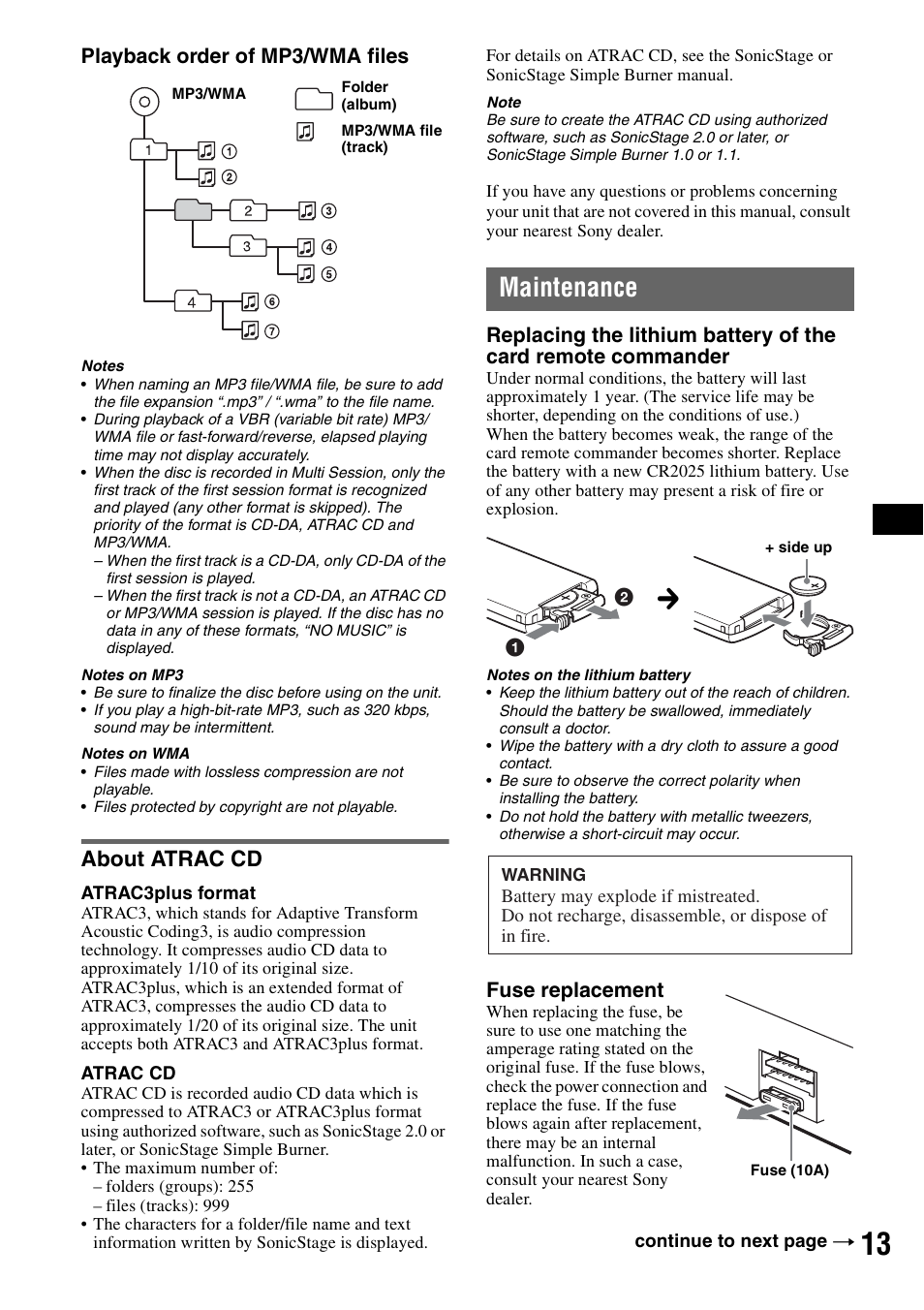 About atrac cd, Maintenance, Playback order of mp3/wma files | Fuse replacement | Sony CDX-GT30W User Manual | Page 13 / 36