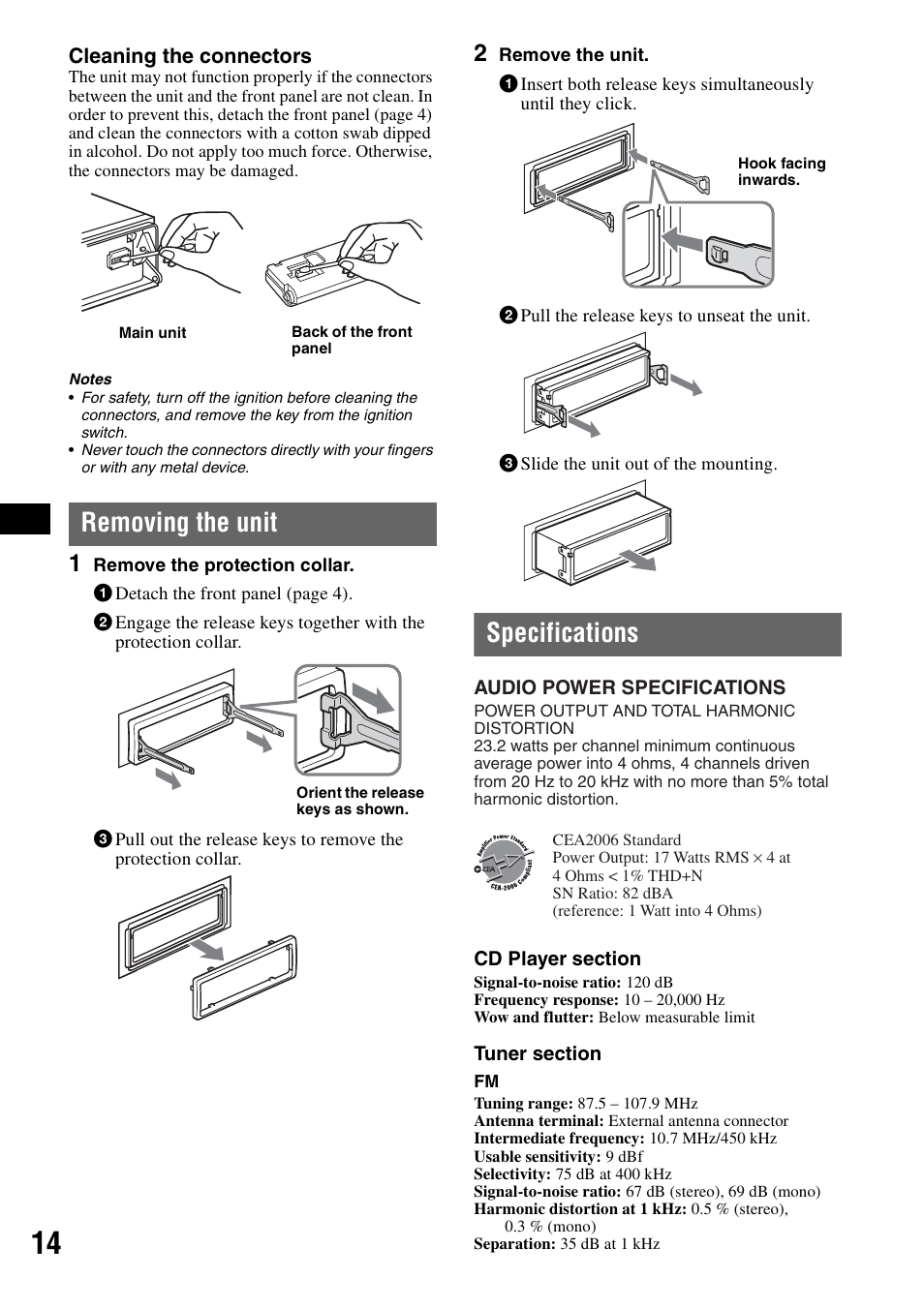 Removing the unit, Specifications, Removing the unit specifications | Sony CDX-GT30W User Manual | Page 14 / 36
