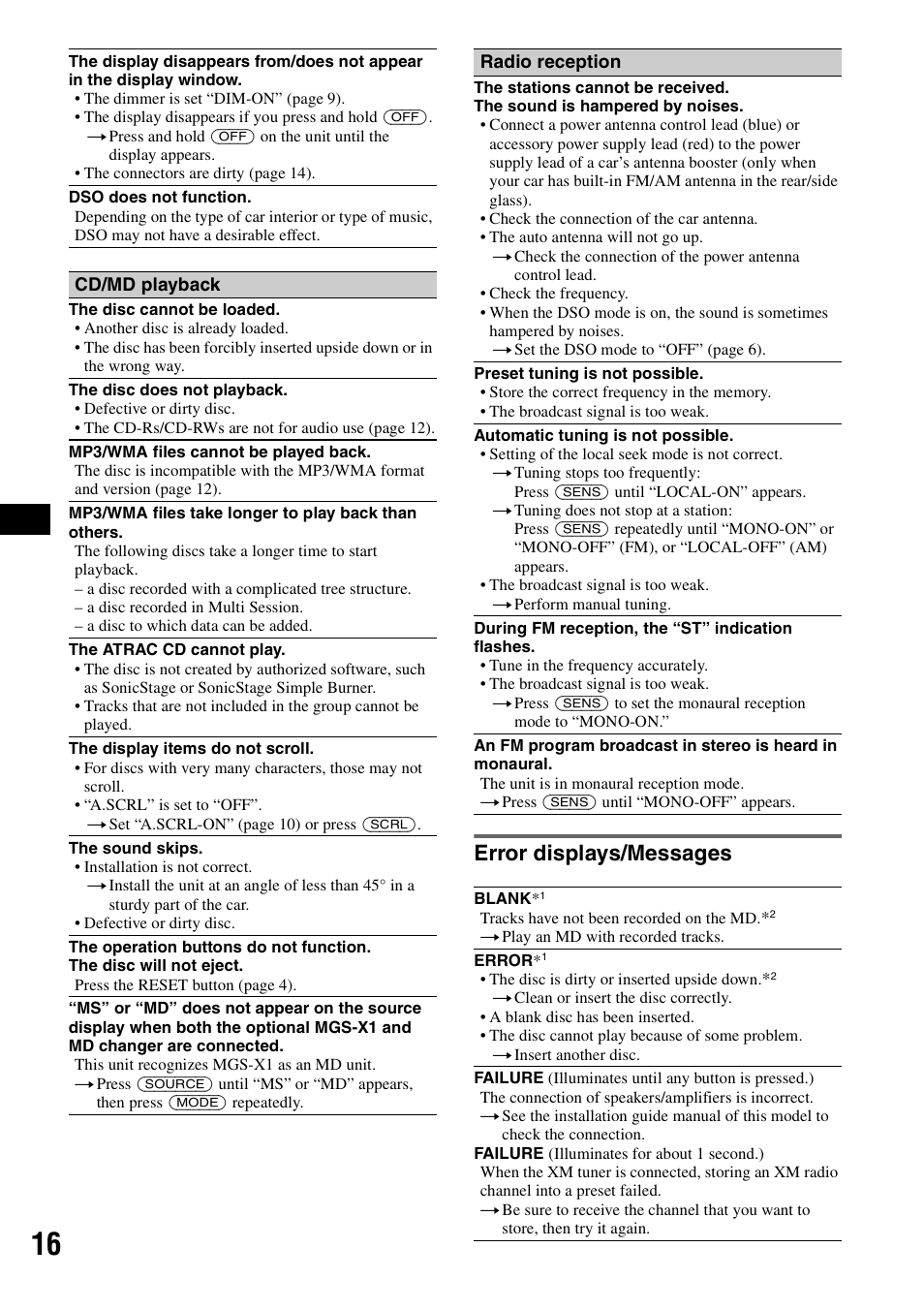 Error displays/messages | Sony CDX-GT30W User Manual | Page 16 / 36