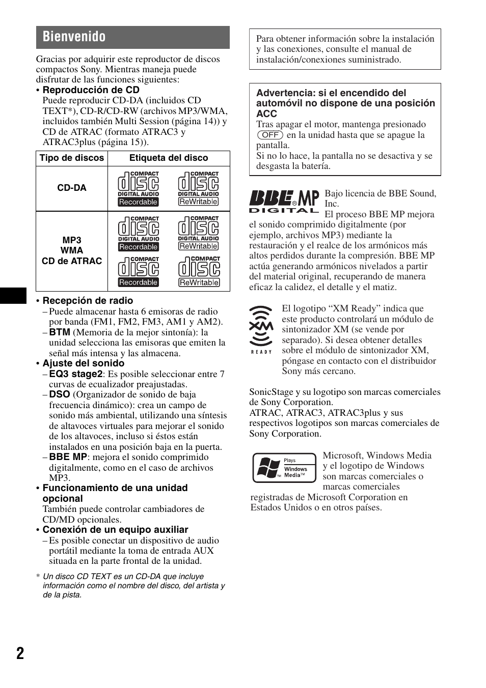 Bienvenido | Sony CDX-GT30W User Manual | Page 18 / 36