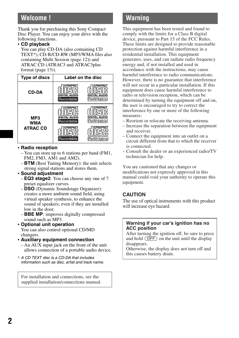Welcome, Warning | Sony CDX-GT30W User Manual | Page 2 / 36