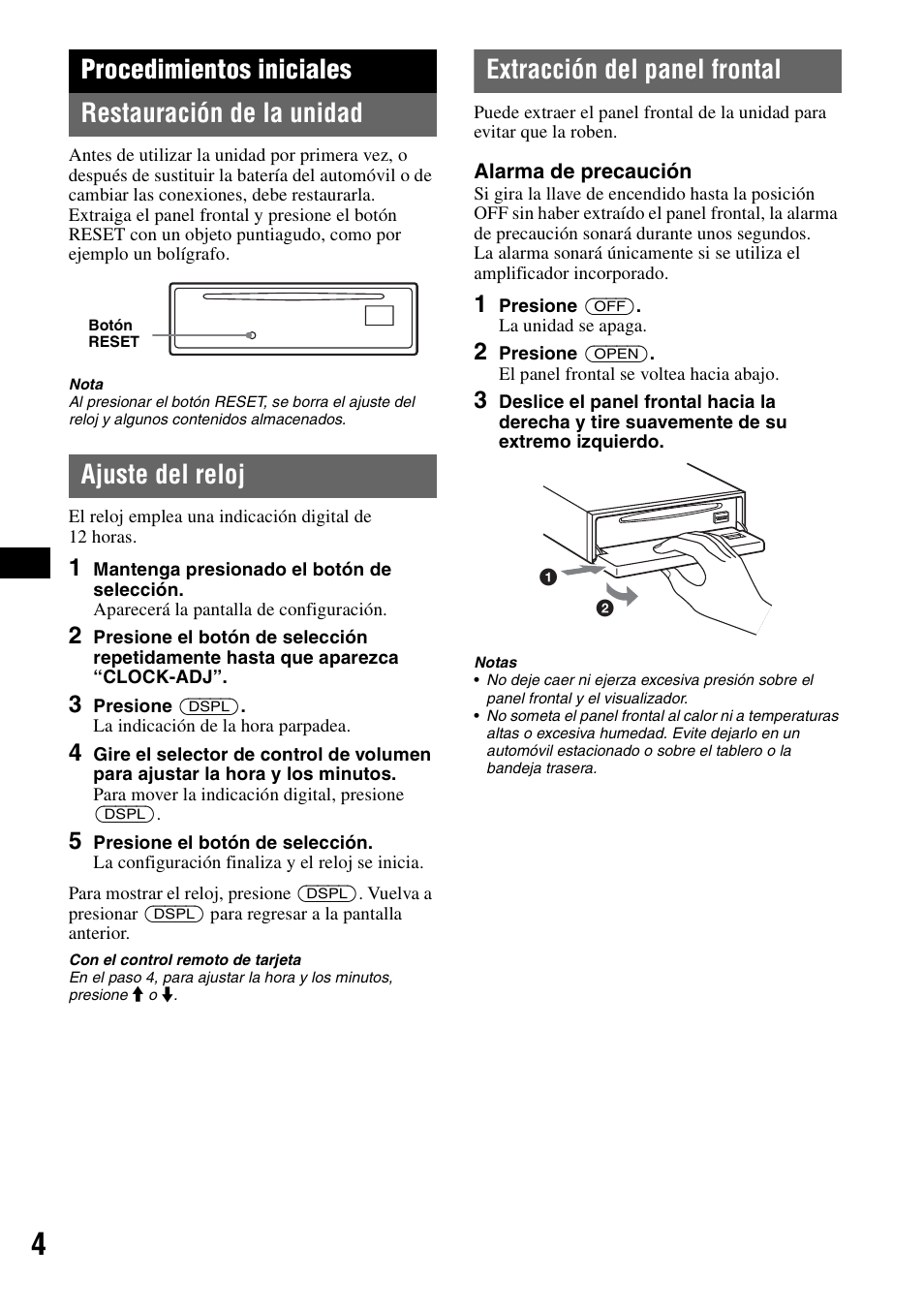 Procedimientos iniciales, Restauración de la unidad, Ajuste del reloj | Extracción del panel frontal, Procedimientos iniciales restauración de la unidad | Sony CDX-GT30W User Manual | Page 20 / 36