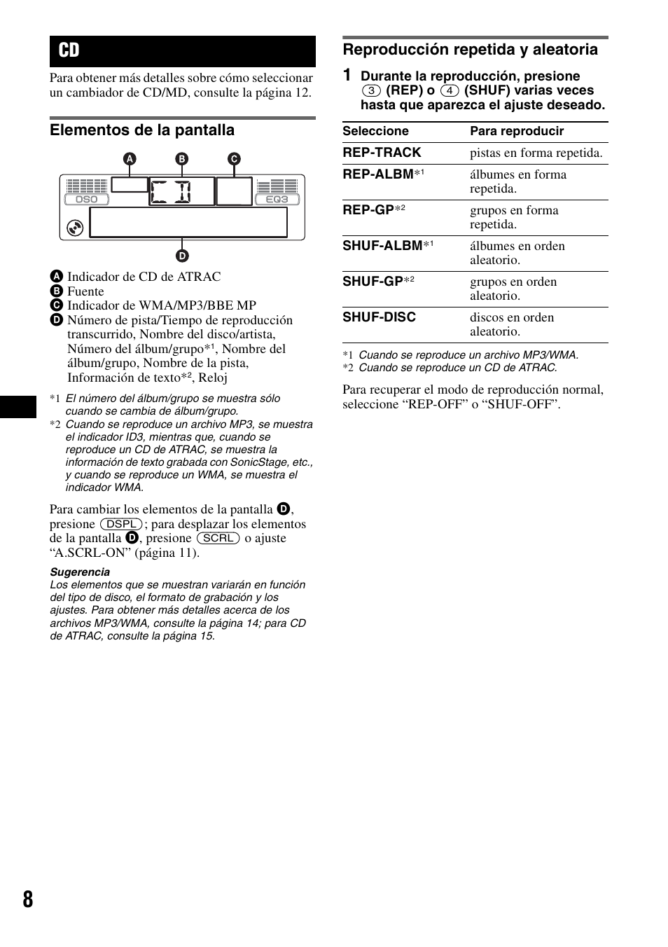 Elementos de la pantalla, Reproducción repetida y aleatoria, Ep 8 | Sony CDX-GT30W User Manual | Page 24 / 36