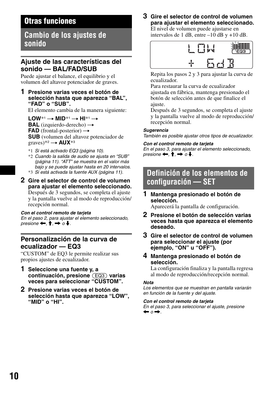 Otras funciones, Cambio de los ajustes de sonido, Personalización de la curva de ecualizador - eq3 | Definición de los elementos de configuración - set, Definición de los elementos de configuración — set, Otras funciones cambio de los ajustes de sonido | Sony CDX-GT30W User Manual | Page 26 / 36