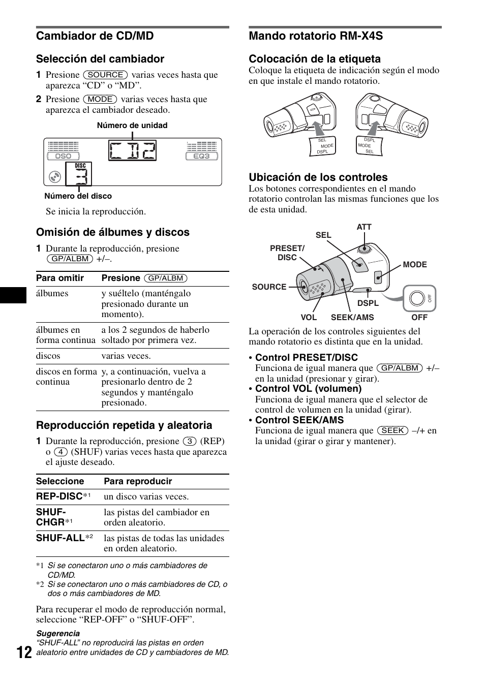 Cambiador de cd/md, Mando rotatorio rm-x4s, Cambiador de cd/md mando rotatorio rm-x4s | Selección del cambiador, Omisión de álbumes y discos, Reproducción repetida y aleatoria, Colocación de la etiqueta, Ubicación de los controles | Sony CDX-GT30W User Manual | Page 28 / 36