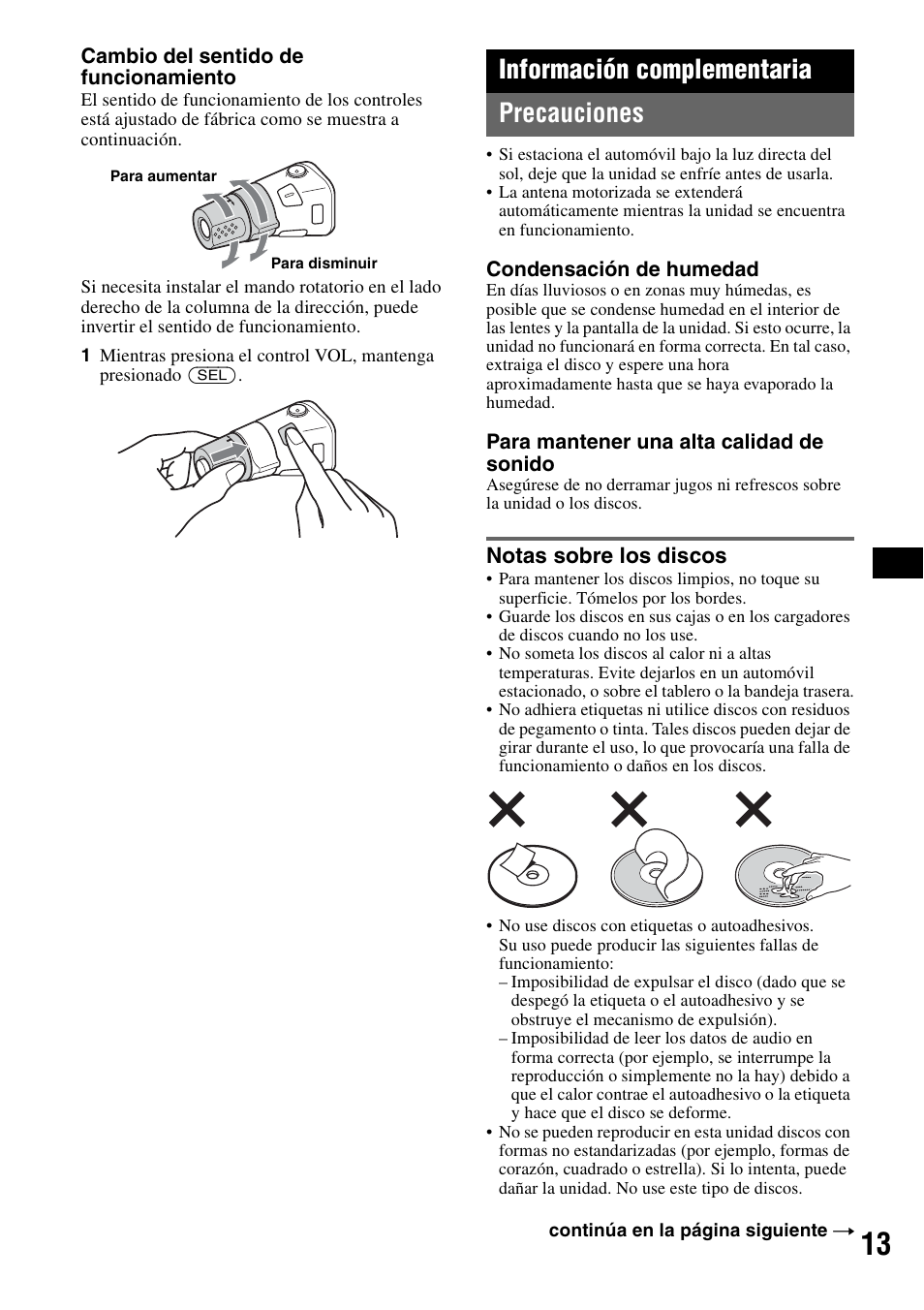 Información complementaria, Precauciones, Notas sobre los discos | Información complementaria precauciones | Sony CDX-GT30W User Manual | Page 29 / 36