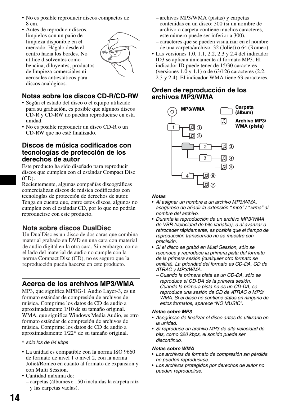Acerca de los archivos mp3/wma, Notas sobre los discos cd-r/cd-rw, Orden de reproducción de los archivos mp3/wma | Nota sobre discos dualdisc | Sony CDX-GT30W User Manual | Page 30 / 36