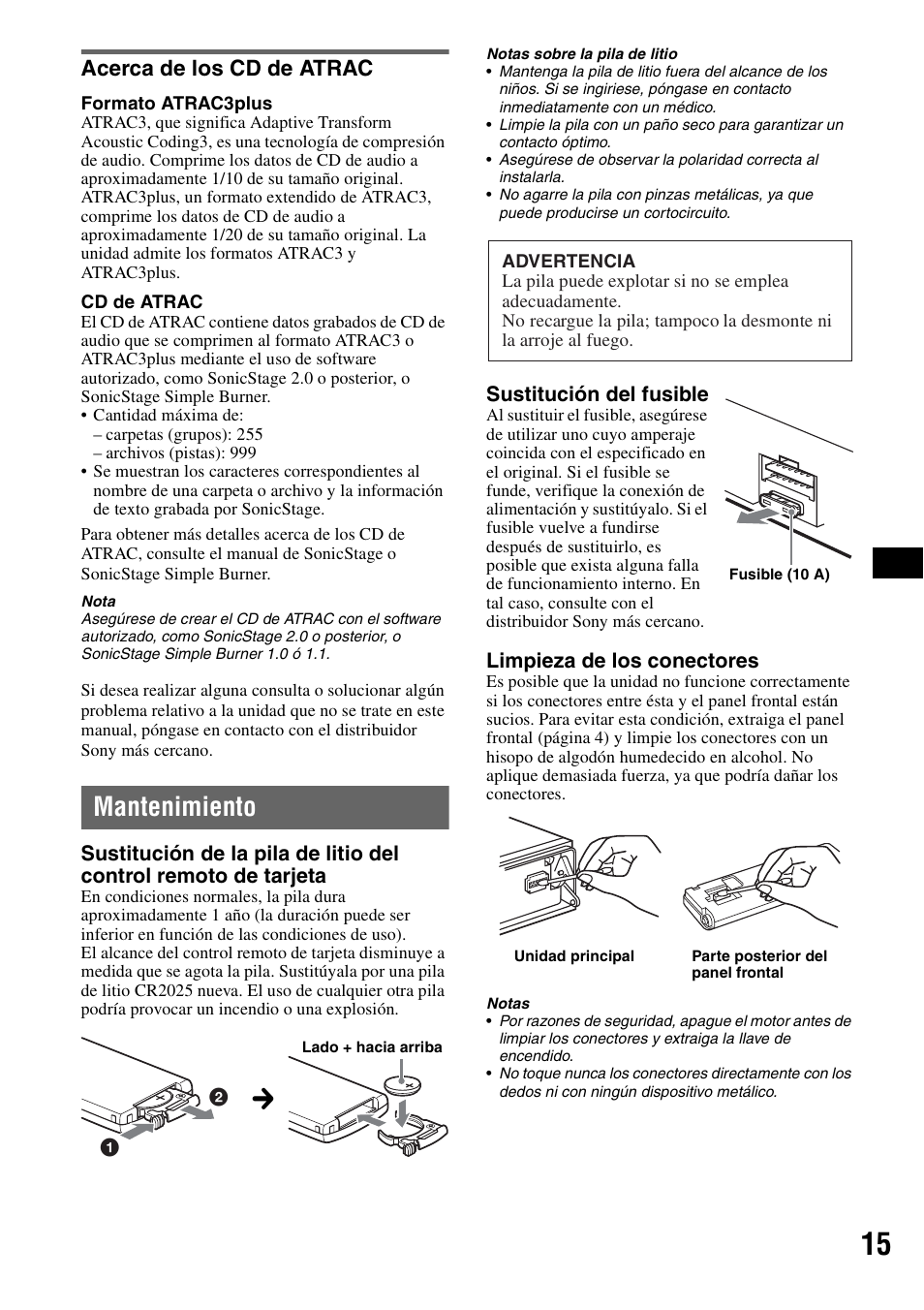Acerca de los cd de atrac, Mantenimiento | Sony CDX-GT30W User Manual | Page 31 / 36