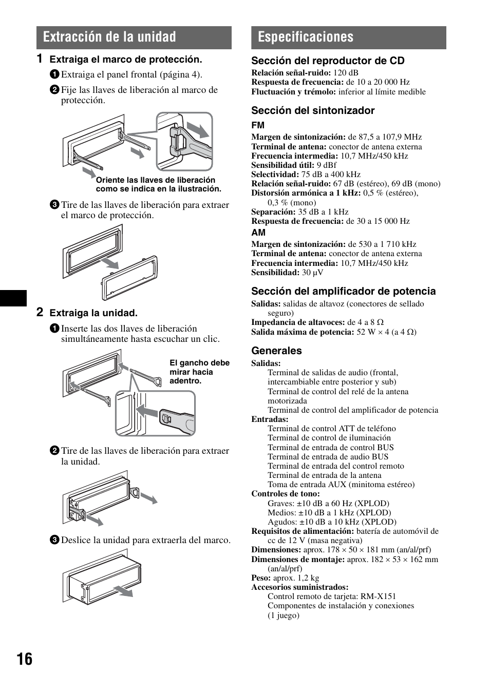 Extracción de la unidad, Especificaciones, Extracción de la unidad especificaciones | Sony CDX-GT30W User Manual | Page 32 / 36