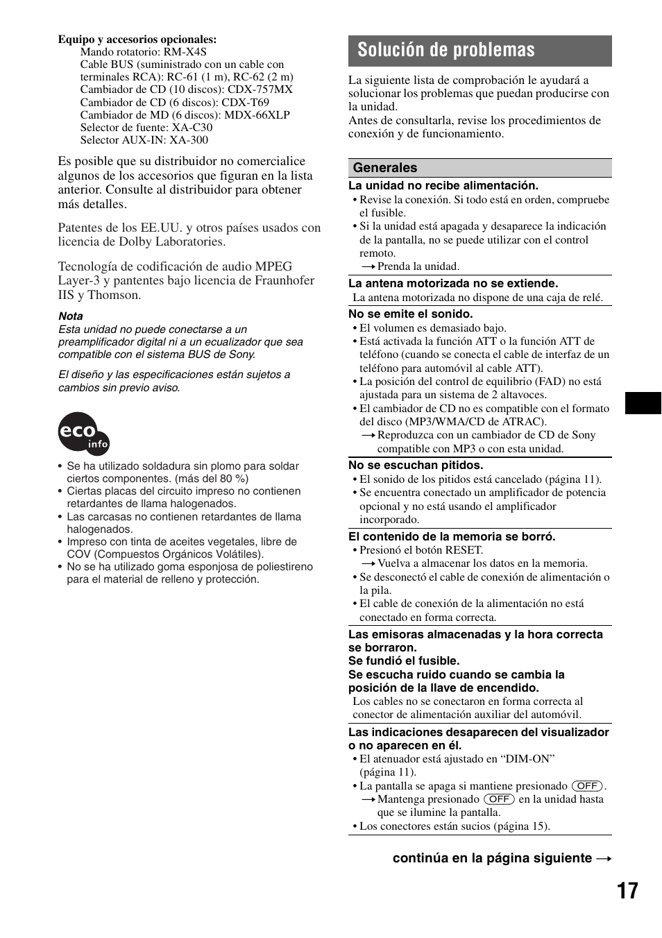 Solución de problemas | Sony CDX-GT30W User Manual | Page 33 / 36