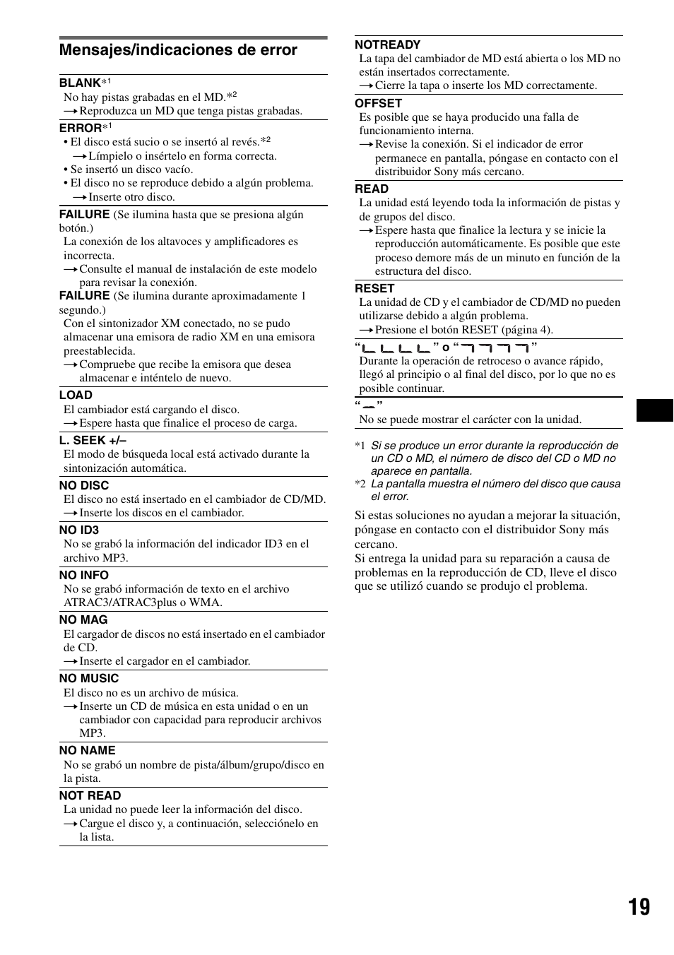 Mensajes/indicaciones de error | Sony CDX-GT30W User Manual | Page 35 / 36