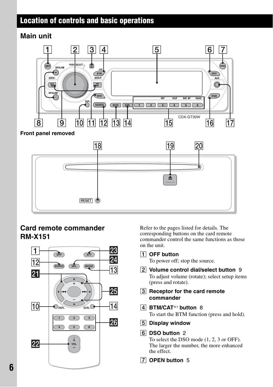 Location of controls and basic operations, Main unit, Card remote commander rm-x151 | Main unit card remote commander rm-x151, Ql w; qk, Qs wf qd 1 qf wa q; wd ws wh wg | Sony CDX-GT30W User Manual | Page 6 / 36