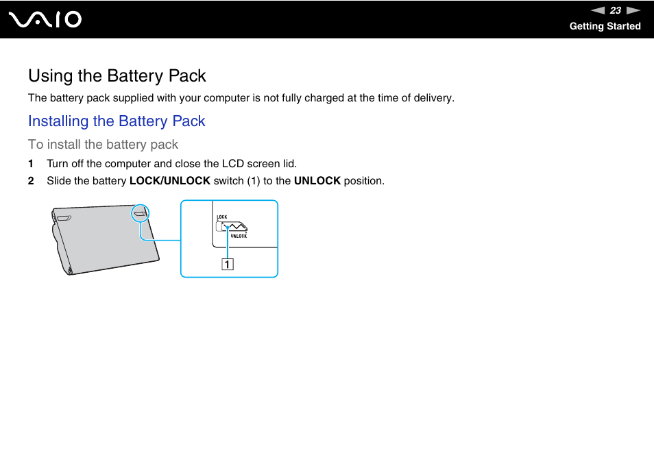 Using the battery pack, Installing the battery pack | Sony VAIO VGN-FZ Series User Manual | Page 23 / 191