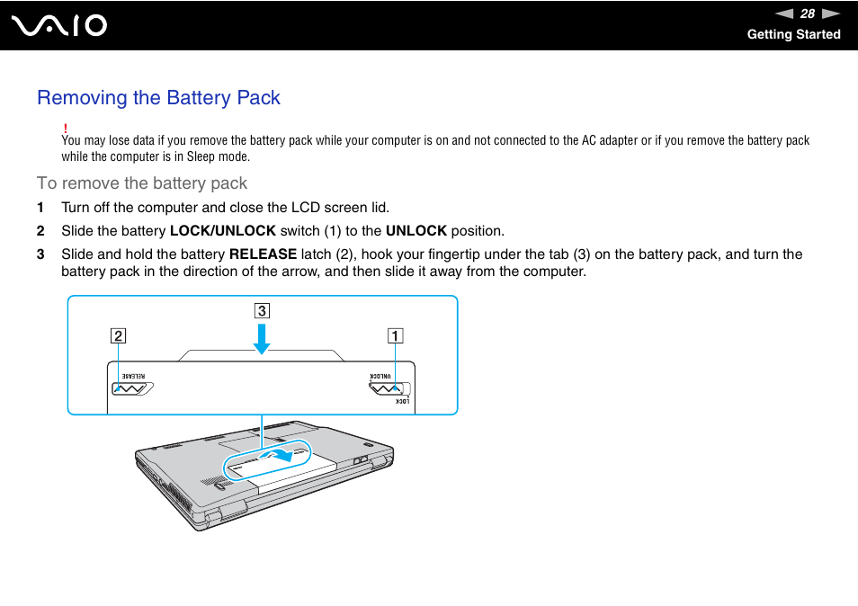 Removing the battery pack | Sony VAIO VGN-FZ Series User Manual | Page 28 / 191