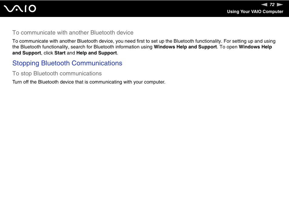 Stopping bluetooth communications | Sony VAIO VGN-FZ Series User Manual | Page 72 / 191