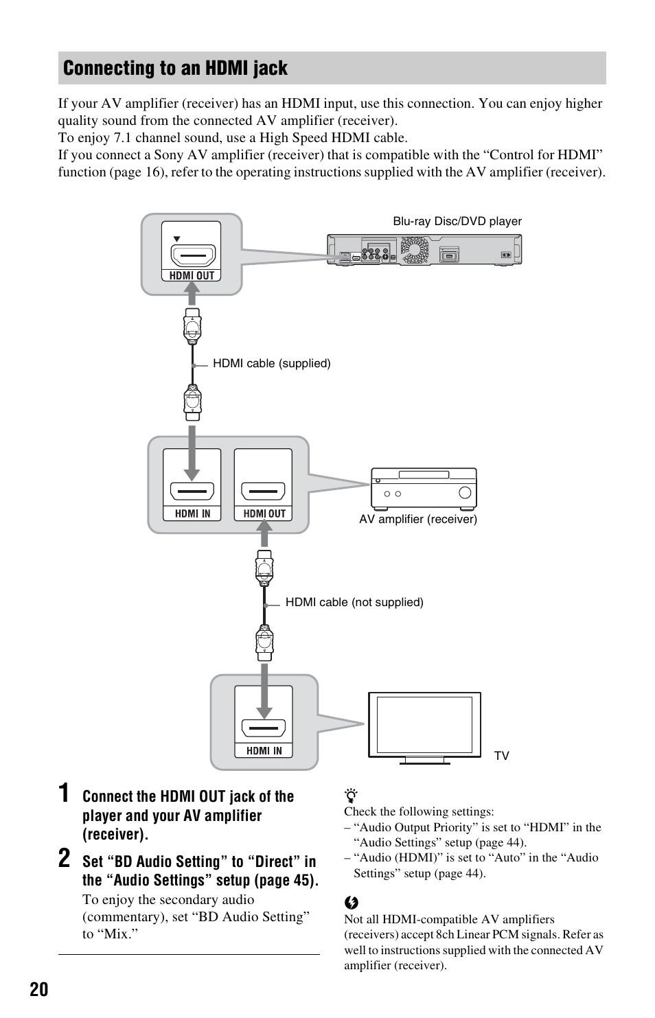 Connecting to an hdmi jack | Sony BDP-BX2 User Manual | Page 20 / 79