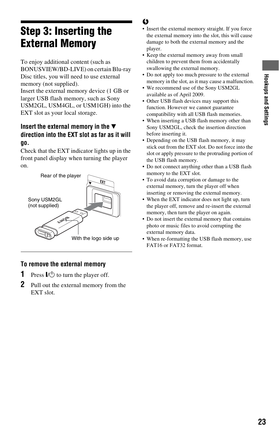 Step 3: inserting the external memory | Sony BDP-BX2 User Manual | Page 23 / 79