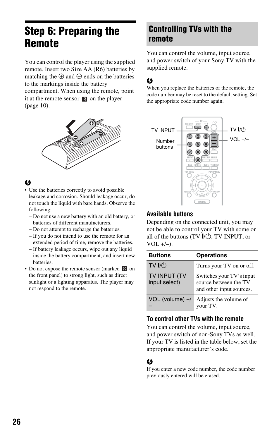 Step 6: preparing the remote, Controlling tvs with the remote | Sony BDP-BX2 User Manual | Page 26 / 79