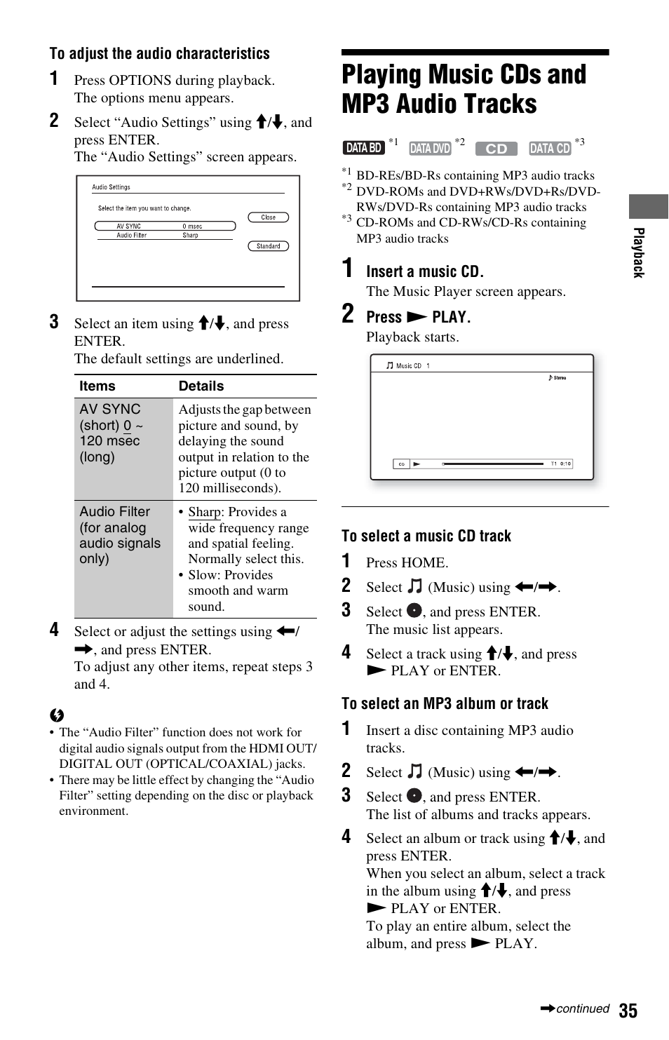 Playing music cds and mp3 audio tracks | Sony BDP-BX2 User Manual | Page 35 / 79