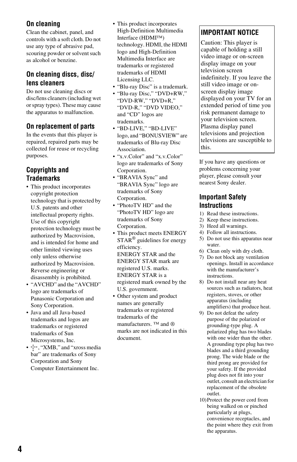 On cleaning, On cleaning discs, disc/ lens cleaners, On replacement of parts | Copyrights and trademarks, Important safety instructions, Important notice | Sony BDP-BX2 User Manual | Page 4 / 79