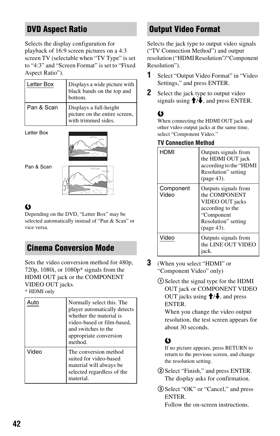 Dvd aspect ratio, Cinema conversion mode, Output video format | Sony BDP-BX2 User Manual | Page 42 / 79