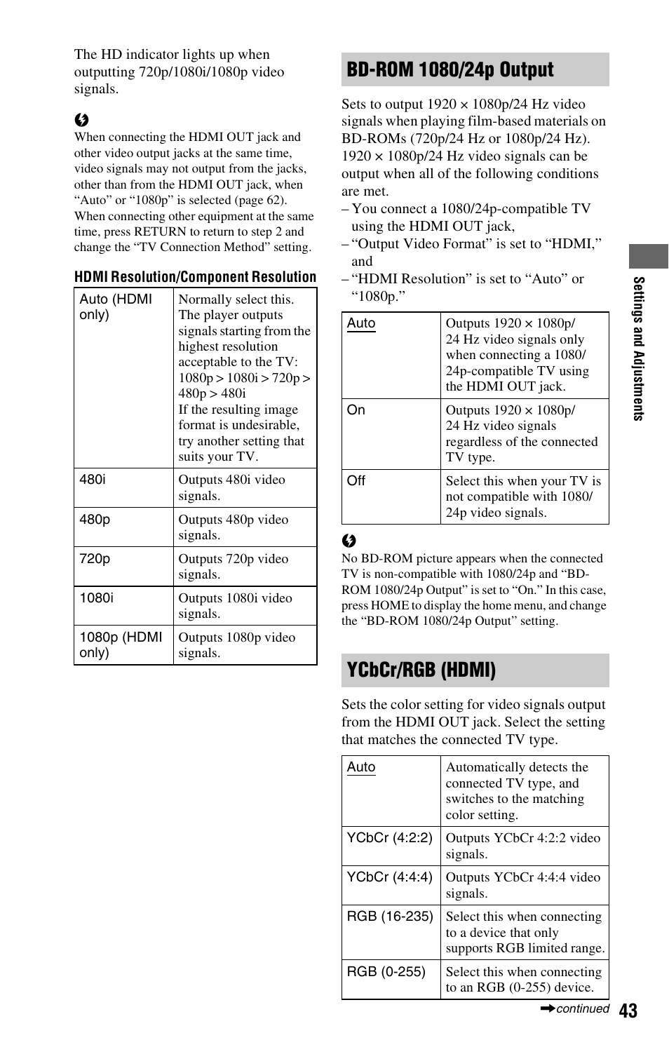 Ge 43, Ycbcr/rgb (hdmi) | Sony BDP-BX2 User Manual | Page 43 / 79