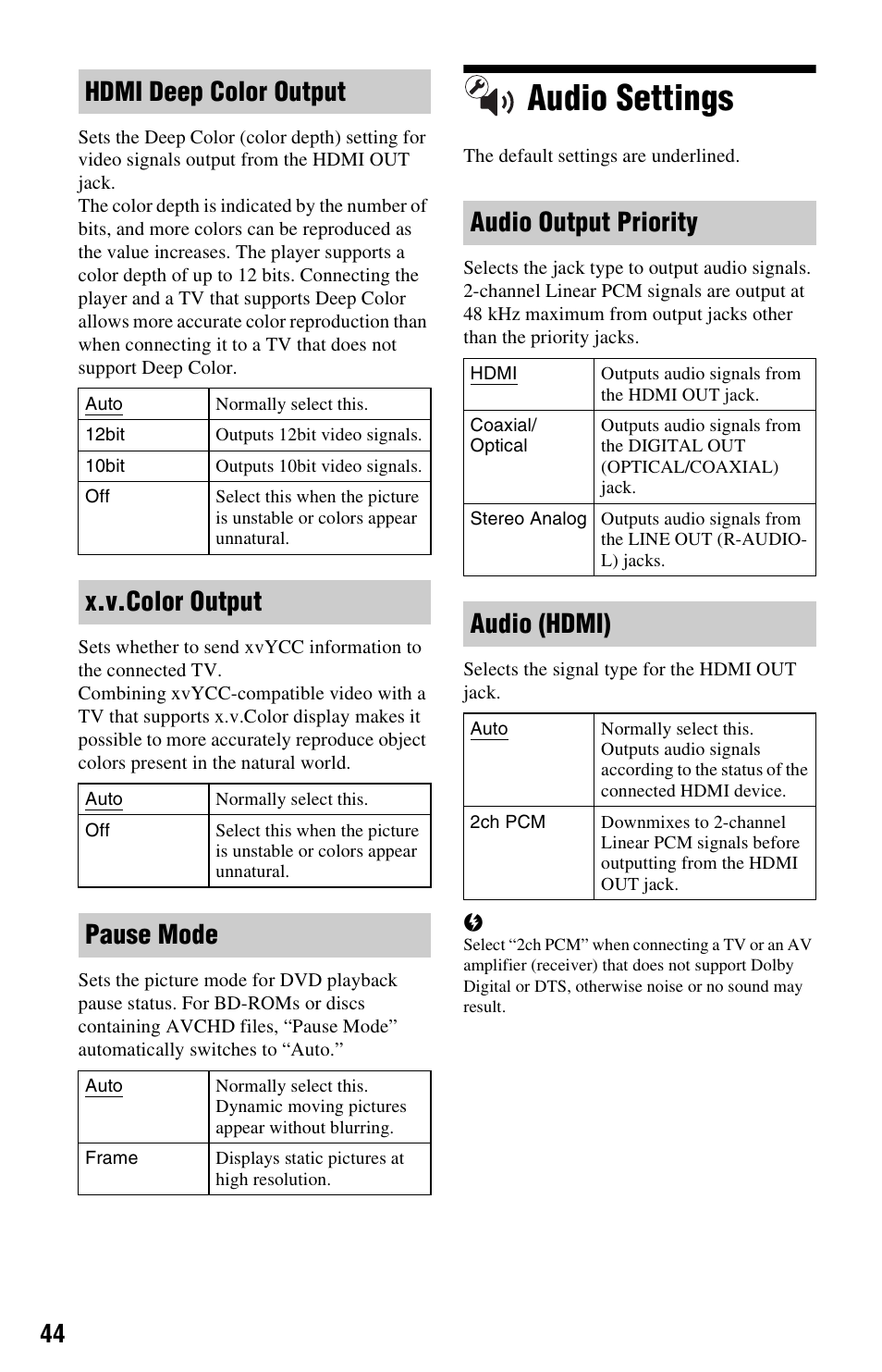 Audio settings, Hdmi deep color output, X.v.color output | Pause mode, Audio output priority, Audio (hdmi) | Sony BDP-BX2 User Manual | Page 44 / 79