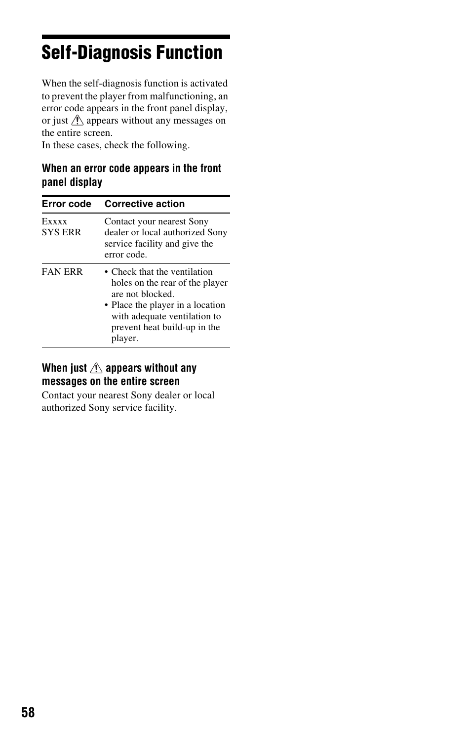 Self-diagnosis function | Sony BDP-BX2 User Manual | Page 58 / 79