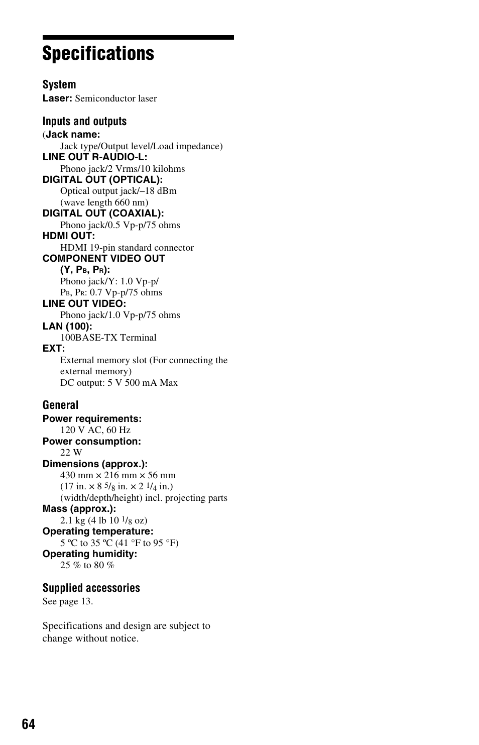 Specifications | Sony BDP-BX2 User Manual | Page 64 / 79