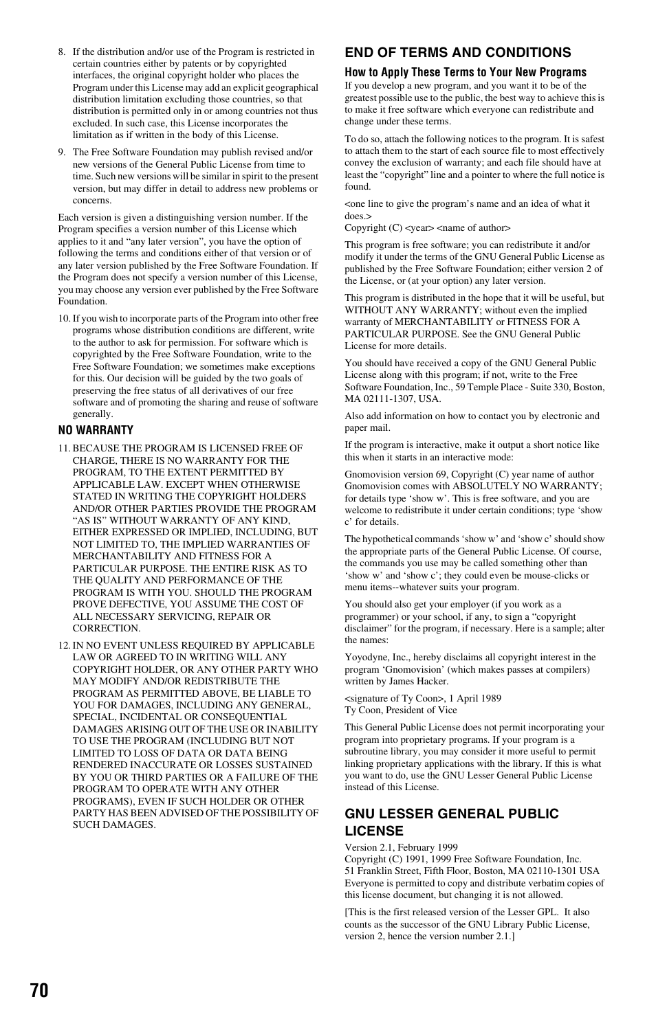 End of terms and conditions, Gnu lesser general public license | Sony BDP-BX2 User Manual | Page 70 / 79