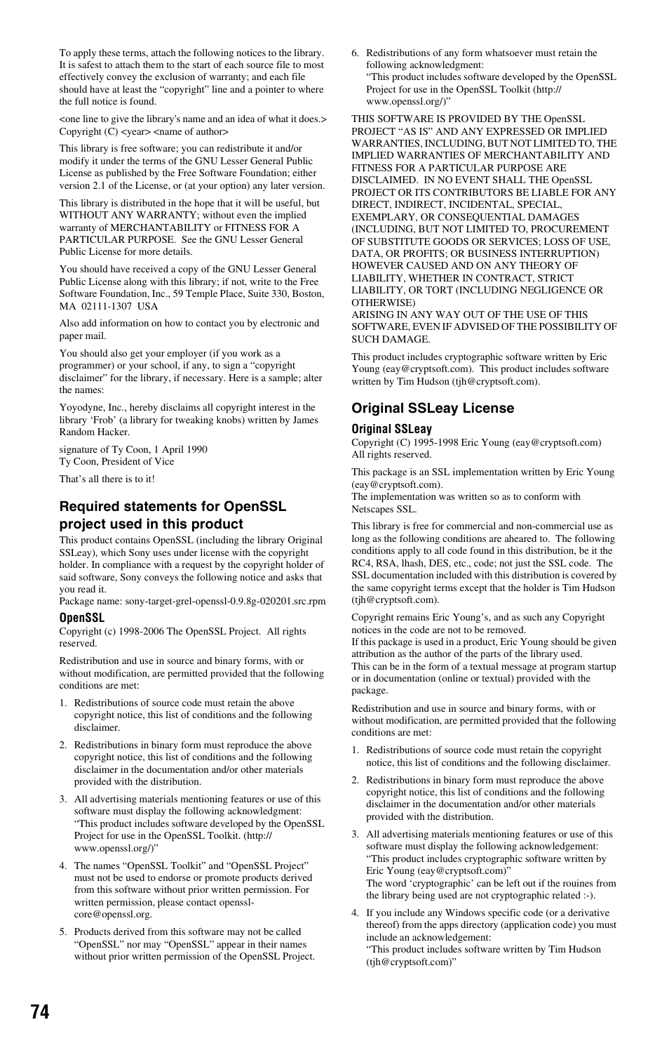Original ssleay license | Sony BDP-BX2 User Manual | Page 74 / 79