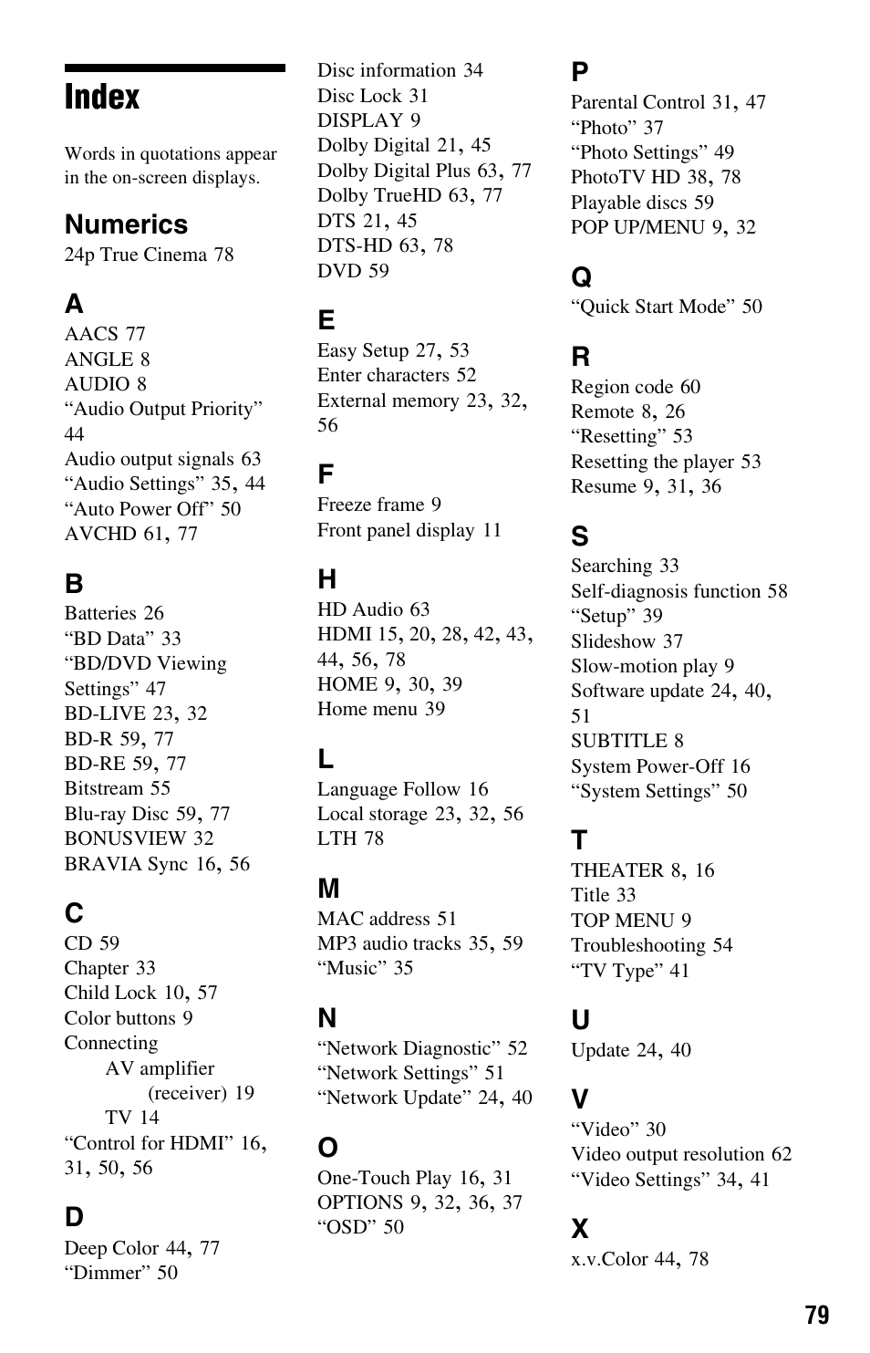 Index, Numerics | Sony BDP-BX2 User Manual | Page 79 / 79