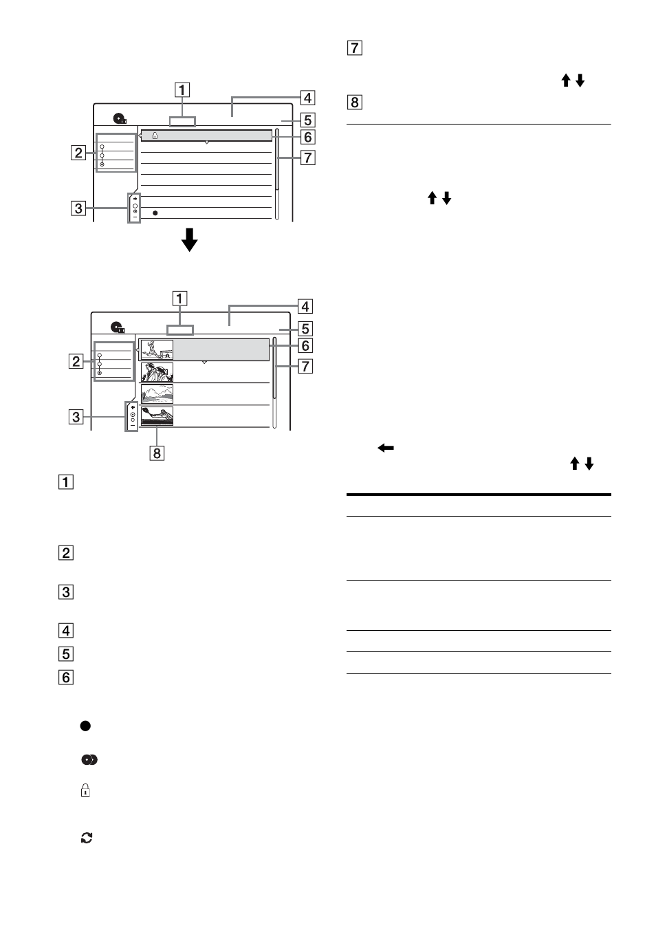 A disc type, B sort buttons, C zooming indicator | G scroll bar, About the title list for dvd-rws (vr mode), Sorts the title order (see below), Shows the current zoom status | Sony RDR-HX1000 User Manual | Page 34 / 120