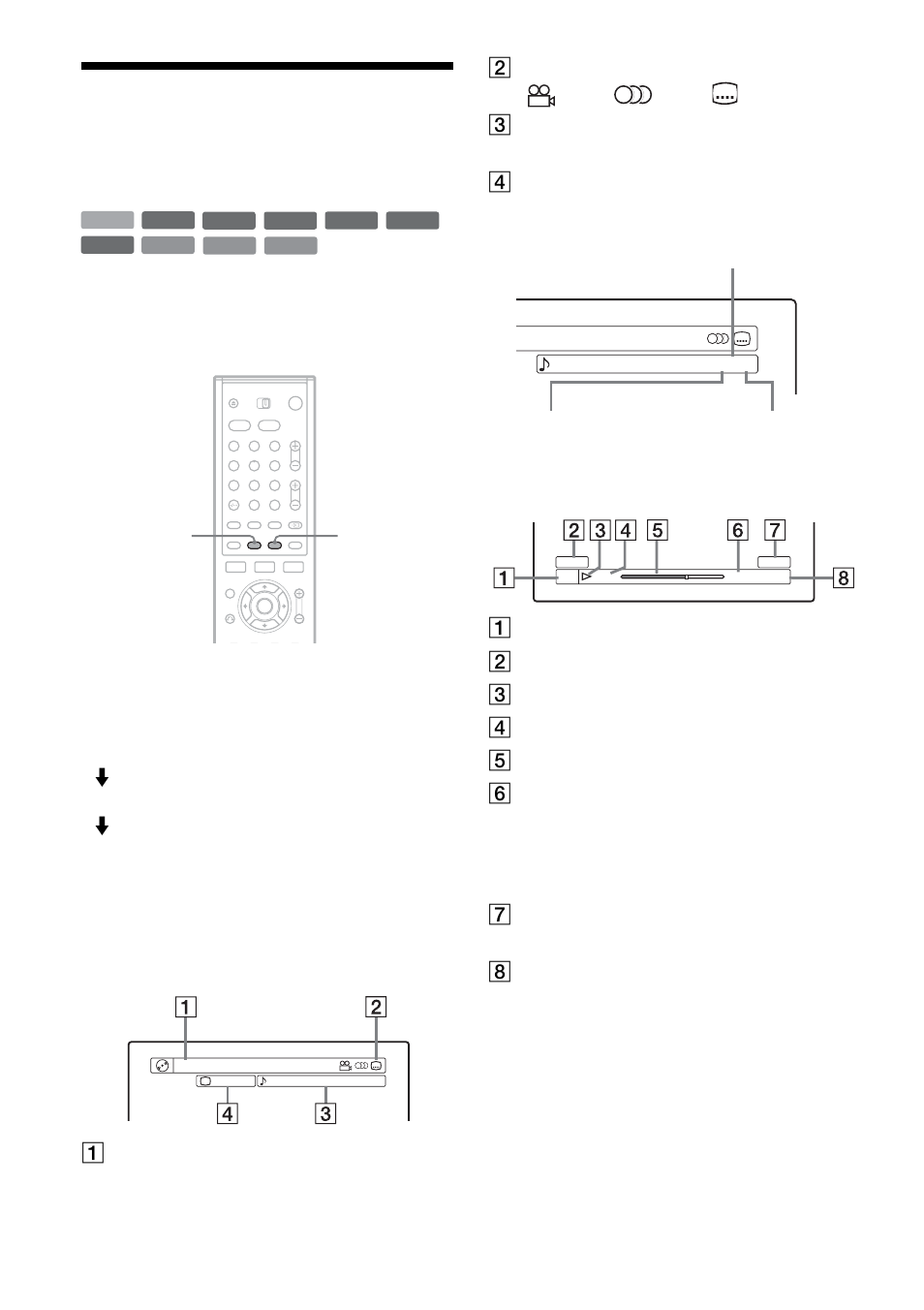 Checking the play information and playing time, Press display repeatedly, Display 1 | A title number/name, Display 2, A disc type, F title number (chapter number, Page 61) | Sony RDR-HX1000 User Manual | Page 38 / 120