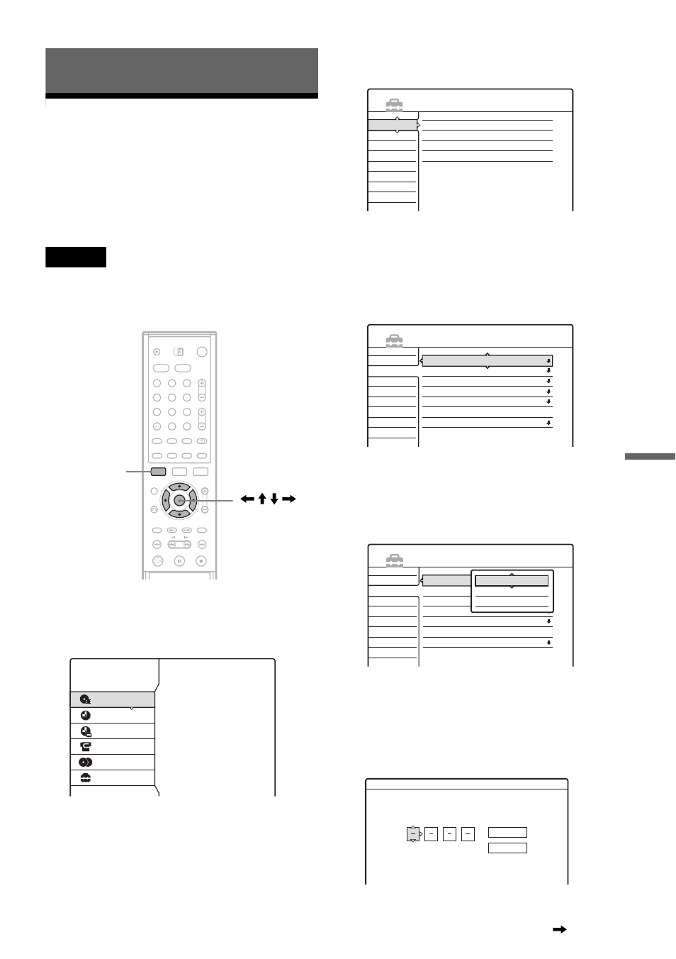 Settings and adjustments, Using the setup displays, Select “setup,” and press enter | The system menu appears, The setup display appears, Set tings a nd adj u st m e nt s | Sony RDR-HX1000 User Manual | Page 83 / 120