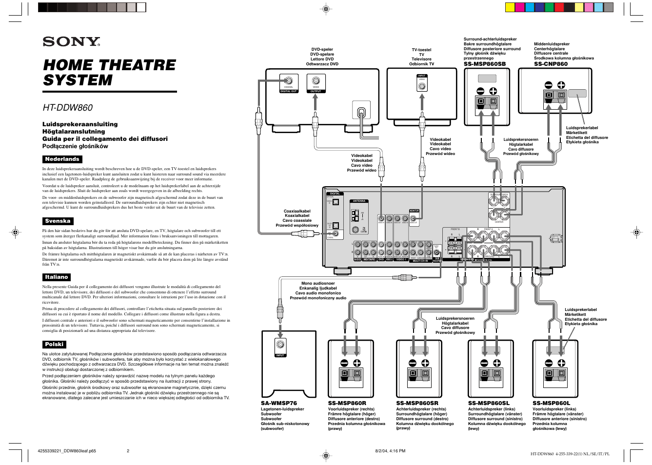 Home theatre system, Ht-ddw860, Nederlands | Svenska, Italiano, Ss-msp860sl, Polski, Sa-wmsp76, Ss-msp860r, Ss-msp860sb | Sony HT-DDW860 User Manual | Page 2 / 2